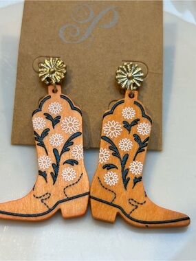 Plunder Orange Floral Cowboy Boot Earrings with Gold Flower Studs